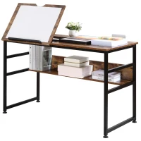 HOMCOM Table à dessin inclinable bureau informatique design industriel - plateau relevable, étagère - panneaux particules aspect vieux bois métal noir(m-11)