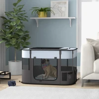PawHut Cercado dobrável para cão gato pequenos animais em tecido Oxford com arrumação 84 x 64 x 53 cm cinza e preto(m-12)