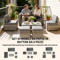 Outsunny Set da Esterno 6pz con Divano, 2 Sedie, Tavolino con Piano in Vetro e 2 Pouf, Grigio Scuro(m-4)