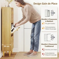 HOMCOM Meuble à chaussures 18 paires, armoire à chaussures étroite, 3 tiroirs rabattables étagères réglables, 60x24x128cm, chêne(m-4)