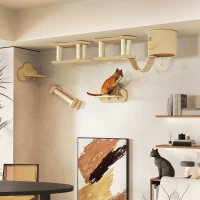 PawHut Conjunto de Escalada para Gatos 5 peças com Poste Arranhador Plataformas de Salto Escada Casinha Montagem na Parede Bege(m-6)