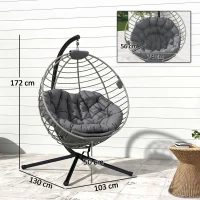 Outsunny PE Rattan Swing Chair, Outdoor Hanging Chair with Metal Stand, Thick Padded Cushion, Foldable Basket and Cup Holder, for Indoor and Outdoor, Grey(m-3)