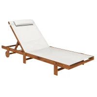 Outsunny Bain de soleil en bois avec roulettes dossier inclinable en 4 positions appui-tête, 84x200x101cm, blanc(m-1)