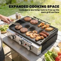 Outsunny 3 Burner Grill Griddle, Portable Gas Plancha with Warming Rack, 7.5 kW, Tabletop Gas BBQ with Grease Cup, Black(m-5)