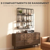 HOMCOM Étagère Murale Industrielle 9 Compartiments, Étagère Modulaire en Métal pour Objets de Collection, 87,5x18x100cm Noir(m-6)