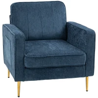 HOMCOM Fauteuil en tissu avec pieds en acier doré, grand confort, pochettes latérales, pour salon, bureau, chambre, bleu(m-1)