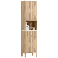 HOMCOM Armoire salle de bain haute meuble de rangement colonne avec tiroir coulissant silencieux 2 placards 41,5x30x168cm chêne(m-12)