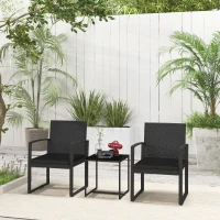 Outsunny Set da Giardino 3 Pezzi con 2 Sedie con Cuscini e Tavolino con Piano in Vetro, Effetto Rattan Nero(m-10)