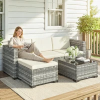Outsunny Polyrattan Gartenmöbel Set 5-teilig, Lounge Set mit Ecksofa Hocker Tisch Sitz- & Rückenkissen Grau+Cremeweiß(m-10)