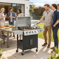 Outsunny 4+1 Burner Gas BBQ Grill with Side Burner, 14.5 kW Steel Portable Gas Barbecue Grill with Built-in Thermometer, Lid(m-10)