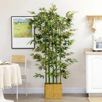 HOMCOM Bambou Artificiel 180 cm, Feuilles Réalistes et Pot en Bois de Pin, Facile à Nettoyer, pour Maison Bureau, Vert(m-6)