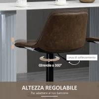 HOMCOM Set 2 Sgabelli da Bar con Altezza Regolabile e Girevoli, Rivestimento in Finta Pelle, Marrone Scuro(m-4)