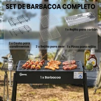 Outsunny Barbacoa de Carbón con 2 Parrillas de Acero Inoxidable Barbacoa Portátil con 2 Especieros para Camping 94x39x70 cm Negro(m-4)