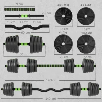 SPORTNOW Kit halteres musculação halteres ajustáveis 30 kg 3 em 1, conjunto de pesos ajustável com barra de extensão preta(m-3)