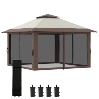 Pavilion Outsunny pliabil 4x4 m cu înălțime reglabilă, plasă de țânțari și geantă, din metal și material Oxford, bej(m-12)