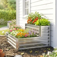 Outsunny Jardinera Exterior de Acero Galvanizado con Diseño de Escalera Base Abierta para Cultivos Plantas 120x101x58 cm Plata(m-8)