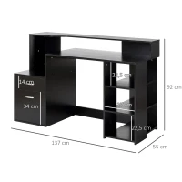 HOMCOM Secretária para computador com 2 gavetas, secretária com arrumação, 137 x 55 x 92 cm, prateleiras abertas e bandeja para impressora, estilo moderno, mesa para computador para quarto, estúdio, preto(m-3)