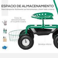 Outsunny Asiento de Jardín con Ruedas Asiento Giratorio y Ajustable en Altura Bandeja de Herramientas Cesta para Exterior Verde(m-5)