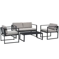 Outsunny Set Mobili da Giardino con Divano 2 Posti, 2 Poltrone e Tavolino in Alluminio con Cuscini, Grigio e Nero(m-11)