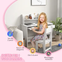 ZONEKIZ Banco Scuola e Sedia per Bambini da 5-8 Anni con Scaffale e Mensola Estraibile in Legno Bianco(m-6)