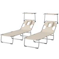 Outsunny Set de 2 Tumbonas Plegables Reclinables con Dosel 360° Orificio Facial Bolsillo Lateral y Textilene 550 g/m² Beige(m-11)