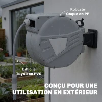 Outsunny Enrouleur Tuyau Arrosage Mural 20+1,6m x Ø 15mm, Dévidoir de Tuyaux d'Eau Rétractable Automatique Pivotant à 180°, Gris(m-8)