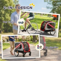 PawHut 2-In-1 Dog Bike Trailer Pet Stroller with Universal Wheel Reflector Flag Red(m-4)
