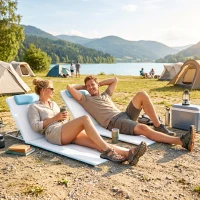 Outsunny Set of 2 Foldable Garden Beach Chair Mat, Lightweight Outdoor Sun Lounger Seats with Adjustable Back, Metal Frame, PE Fabric Head Pillow and Carry Bag, Cream White(m-9)