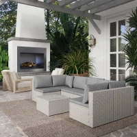 Outsunny 7 Pieces Rattan Garden Furniture Set, 6 Seater Garden Corner Sofa with Cushions and Glass Top Table, Sectional Outdoor Furniture Conservatory Set for Patio, Grey(m-9)