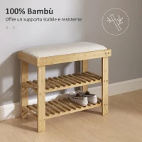 HOMCOM Panca Scarpiera da Ingresso in Bambù, con Seduta Imbottita a 2 Livelli, per 6 Paia di Scarpe, Ingresso Corridoio, 60x29x49cm, Bianco e Naturale(m-6)