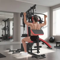SPORTNOW Station Multi Gym avec Poids de 65 kg, Équipement de Musculation avec Banc pour Abdominaux, Noir et Rouge(m-8)