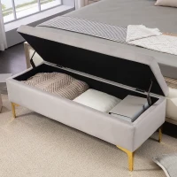 HOMCOM Panca Contenitore Fondo Letto con Tessuto Vellutato e Gambe Dorate, 120x44x44.5cm, Grigio Chiaro(m-8)