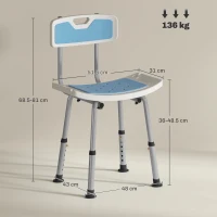 HOMCOM Shower Stool with Backrest, Height Adjustable Shower Chair with Anti-slip Foot Pads, Shower Head Holder, Light Blue(m-3)