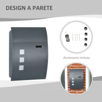 HOMCOM Cassetta Postale Ricurva in Acciaio con 3 Fessure e 2 Chiavi di Sicurezza 45x10x32 cm, Grigio(m-6)