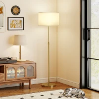 HOMCOM Candeeiro de pé com telecomando, altura ajustável, abat-jour de tecido, suporte metálico, brilho ajustável, interruptor de pé, cor dourada(m-6)