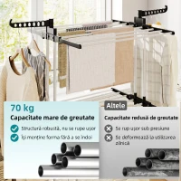 HOMCOM Uscător de rufe pliabil cu 4 nivele, aripi pivotante și 4 roți, din oțel și PP, 73x64x177 cm, negru(m-5)