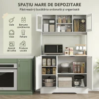 HOMCOM Servantă de Bucătărie înaltă de 180 cm, Dulap Dispensa cu 4 Dulapuri, Uși din Sticlă Securizată, 2 Rafturi Deschise, Rafturi Reglabile, Blat pentru Cuptorul cu Microunde, pentru Sala de Prânz sau Living, Alb(m-4)