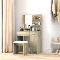 HOMCOM Tocador de Maquillaje con Taburete Espejo Estantes Abiertos Cajón y Estante Ajustable Anti-vuelco Natural y Beige(m-9)