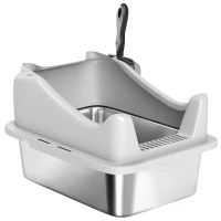 PawHut Bac à litière en acier inoxydable, maison de toilette pour chat, bords hauts, nettoyage facile, 43,1x33,2x25,4cm, gris(m-12)