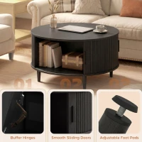HOMCOM Coffee Table with Lift Top and Hidden Storage, Round Centre Table with Fluted Sliding Door, 80 cm, Black Wood Effect(m-7)