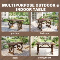 Outsunny Wooden Garden Dining Table, Wagon Wheel Outdoor Coffee Table with 3 cm Wood Top for Patio, Balcony, Terrace, 110 x 60 x 65 cm, Carbonised Finish(m-6)