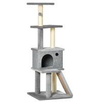 PawHut Albero Tiragraffi Multilivello con Casetta, Scala, Pallina e Pali in Sisal, 48x48x125 cm, Grigio(m-1)