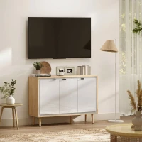 HOMCOM Bufet Modern cu 3 Uși și Raft Reglabil, 107x35x77 cm, Alb Lucios și Stejar(m-8)