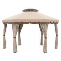 Outsunny Gazebo da Giardino 4x4m Esagonale con Doppio Tetto e Tende Laterali Rimovibili, Marrone(m-1)