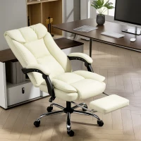 HOMCOM Sedia da Ufficio Reclinabile a 155° con Poggiapiedi, Doppia Imbottitura e Rivestimento in Finta Pelle, Beige(m-10)