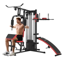 SPORTNOW Station Multi Gym avec Poids de 65 kg, Équipement de Musculation avec Banc pour Abdominaux, Noir et Rouge(m-12)