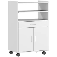 HOMCOM Armário para Micro-ondas Prateleira Armário de Duas Portas Gaveta Rodízios Branco(m-1)