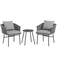 Outsunny 3-teiliges Außenmöbel-Set, 2 Stühle, 1 Tisch, Bistro-Set, Kunst-Rattan, Stahlrahmen, Metalltisch, 4 Kissen, Grau