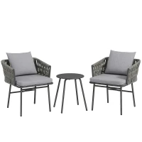 Outsunny 3-teiliges Außenmöbel-Set, 2 Stühle, 1 Tisch, Bistro-Set, Kunst-Rattan, Stahlrahmen, Metalltisch, 4 Kissen, Grau(m-1)