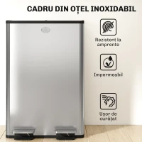 HOMCOM Coș gunoi cu pedală bucătărie, capac închidere ușoară, recipiente interioare detașabile, oțel, 2x28L, argintiu(m-8)